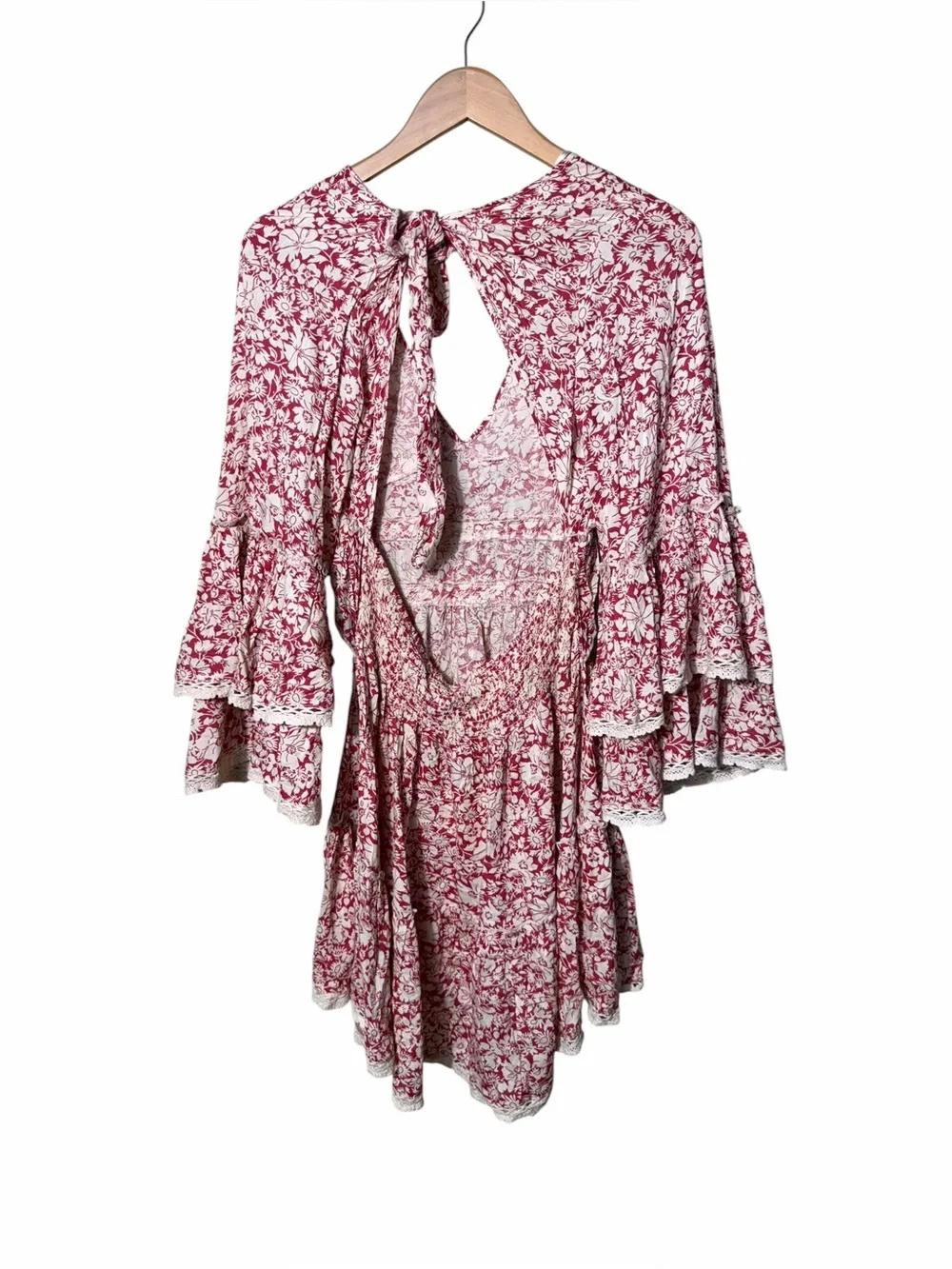 New Free People Kristall Berry Red Floral Print Bell Sleeve Mini Dress Boho M